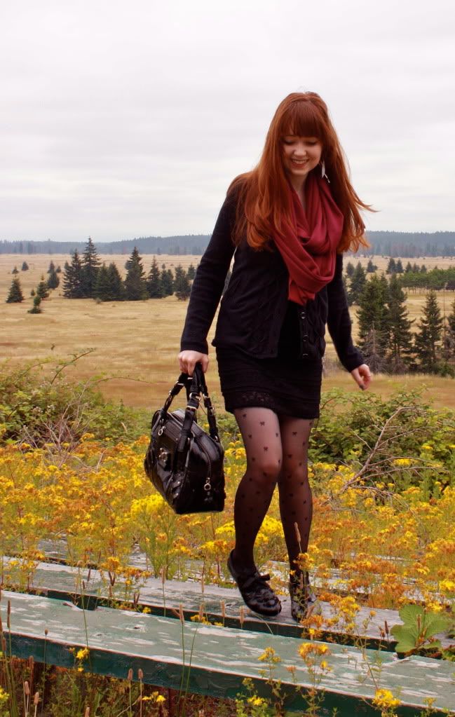 the clothes horse, personal style, fashion, black dress, sheer tights, bow tights, tabio, bloch wedges, patent shoes, redhead, washington, fall, feather earrings