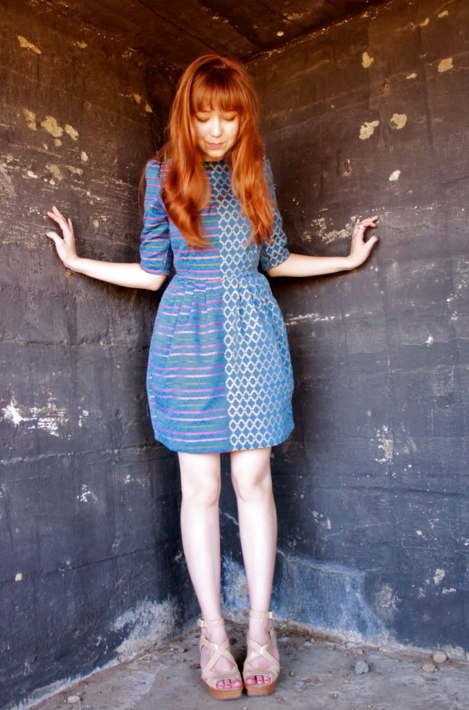 the clothes horse, fashion, style, collaberation, dress, neneee, brocade, two fabric dress, blue dress, nude sandals, nude heels, dkny, retro, redhead, bunker