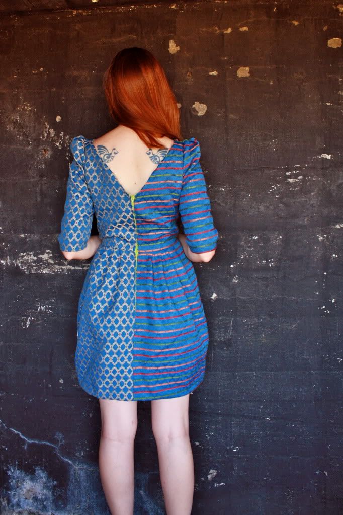 the clothes horse, fashion, style, collaberation, dress, neneee, brocade, two fabric dress, blue dress, nude sandals, nude heels, dkny, retro, redhead, bunker