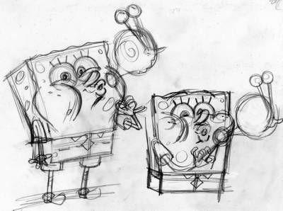 SpongeBob is blowing bubbles in the shape of Gary his pet snail - Pencil drawing rough for Nickelodeon SpongeBob SquarePants magazine