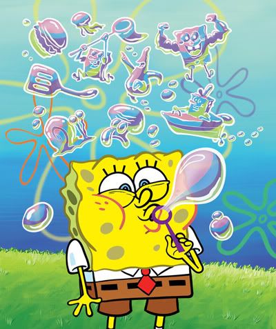 Final SpongeBob Magazine cover painting - art shows SpongeBob SquarePants blowing lotsa bubbles in the shapes of his best friend Patrick and Squidward and Gary his pet snail