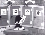Bimbo has to choose which deadly door to open in Bimbo's Initiation cartoon