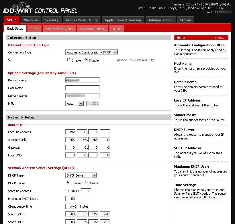 One of many control pages for DD-WRT.